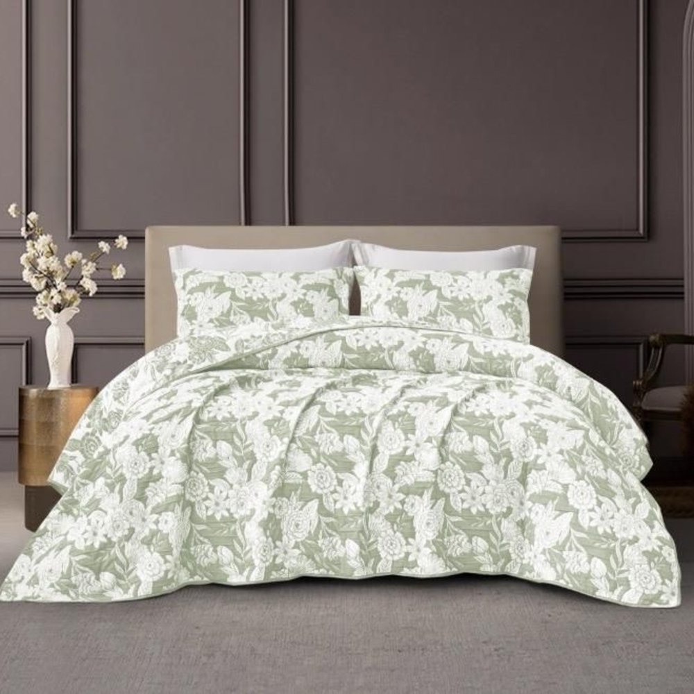 CHARLOTTE FLOWERS SAGE COLOR DECORATIVE BEDSPREAD SET 3 PCS QUEEN SZIE